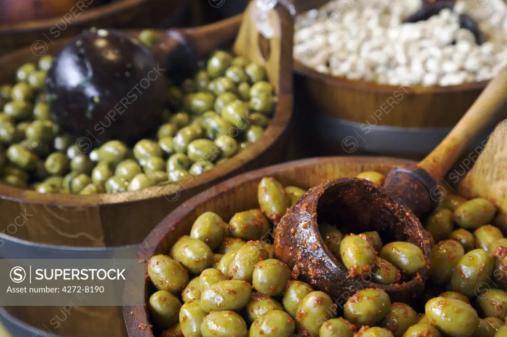 All types of olives for sale at Borough Olives in Borough Market. Records of the market go back as far as AD1014, and it has been trading from its present site since 1756 making it the oldest wholesale fruit and vegetable market in London.