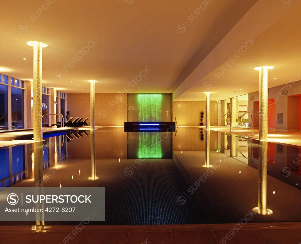 Dramatic lighting enhances the contemporary architecture of the swimming pool at the Slieve Donard Resort and Spa, Newcastle, County Down