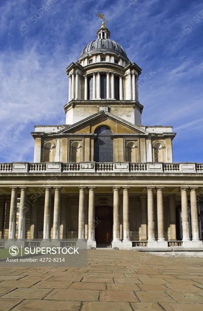 The Old Royal Naval College, part of the Maritime Greenwich World Heritage Site. Originally a hospital established by royal charter in 1694 for seamen and their dependents, it was later to become a training college for naval officers. It is now part of the University of Greenwich.
