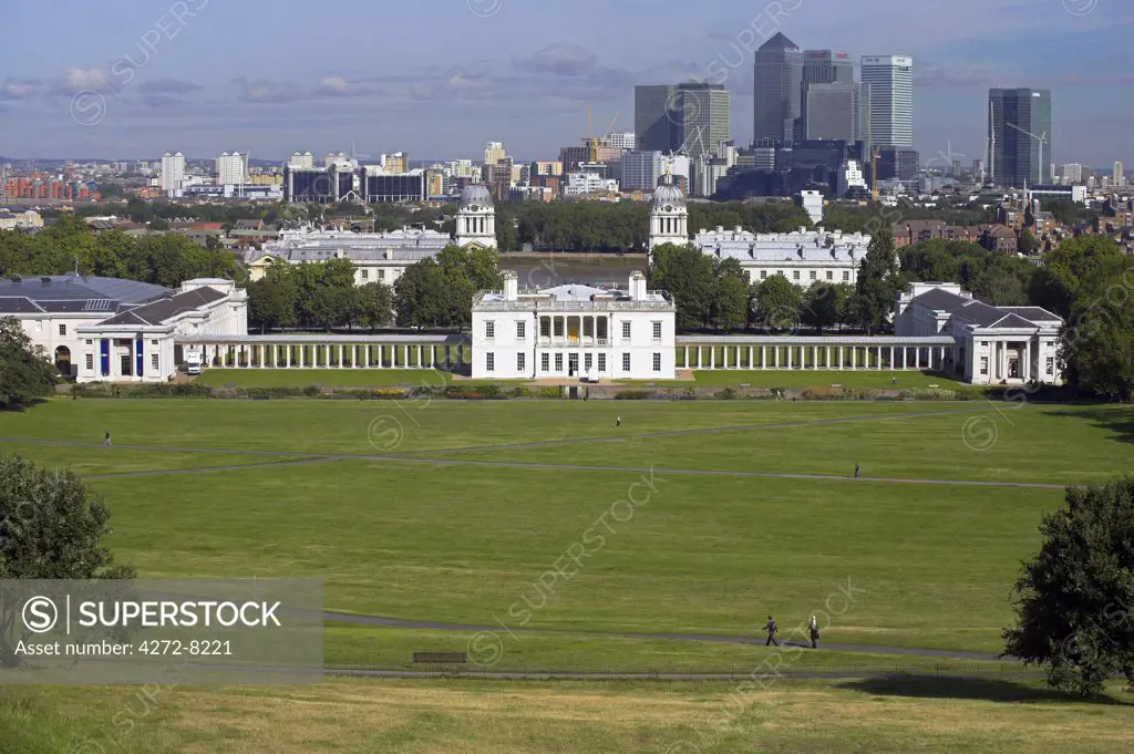 View from the Royal Observatory down to the Queen's House, designed by Inigo Jones, and the Old Royal Naval College at Greenwich.
