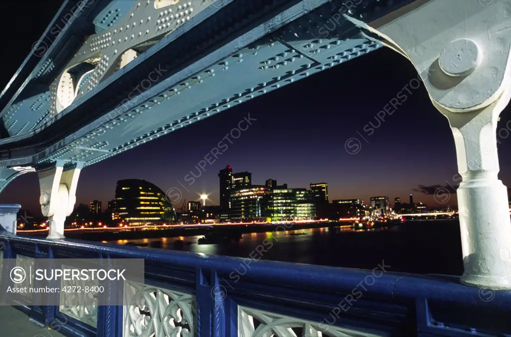 View towards London's south bank and the new City Hall from an arch on Tower Bridge in central London