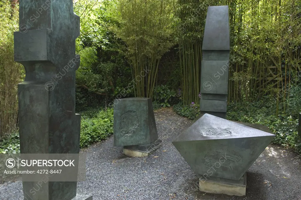 Elements of the sculpture Conversation with Magic Stones by Dame Barbara Hepworth on display at the Barbara Hepworth Museum in St Ives, Cornwall, England