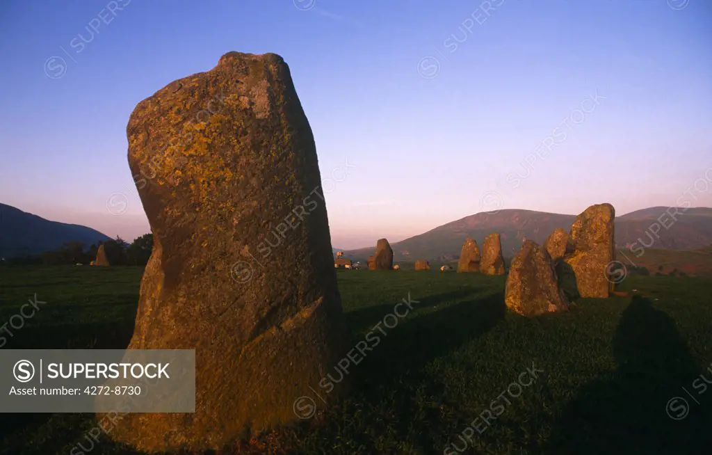 England, Cumbria, Keswick. Castlerigg Stone Circle - there are 38 stones in a circle approximately 30 metres in diameter. Within the ring is a rectangle of a further 10 standing stones. The tallest stone is 2.3 metres high. It was probably built around 3000 BC - the beginning of the later Neolithic Period - and is one of the earliest stone circles in Britain.