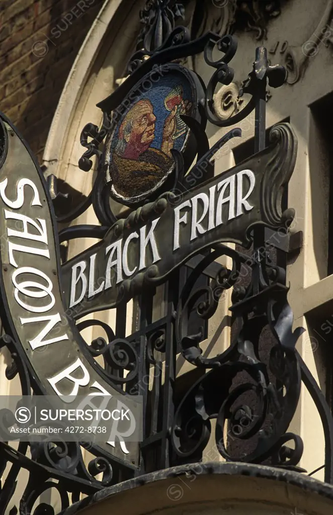England, London. This narrow wedge-shaped pub is jammed against the railway line at Blackfriars. It was built in 1875 near the site of a thirteenth century Dominican Priory, which gives the area its name and was the inspiration for the pubs design.