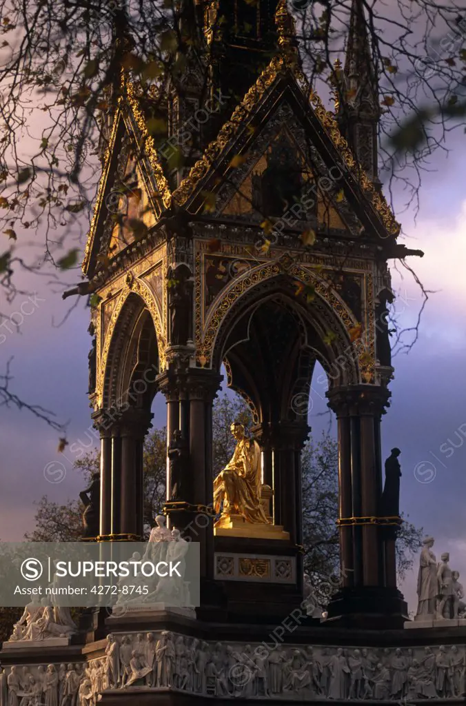 England, London. Commissioned by Queen Victoria to commemorate her late consort, Prince Albert. This large statue of Prince Albert in Hyde Park, is seated in a vast Gothic shrine. It includes a frieze with 169 carved figures, angels and virtues higher up and separate groups representing the Continents, Industrial Arts and Sciences.