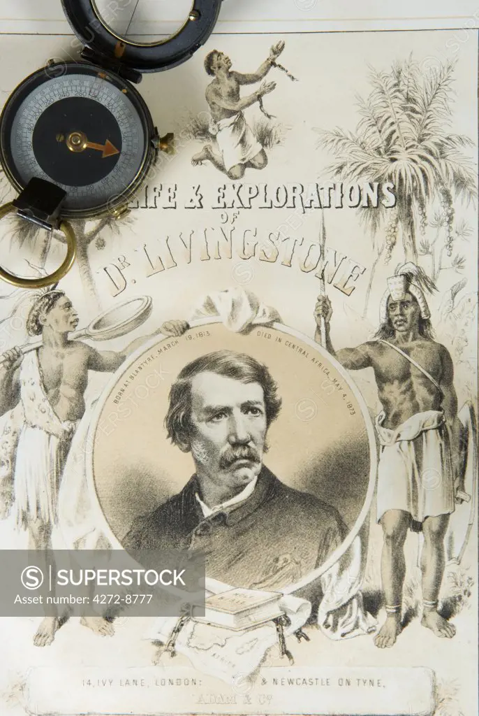 England. Victorian compass and inside cover of Dr Livingstones' Life and Explorations.