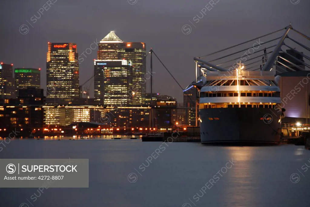 England, London. Canary Wharf seen from the Royal Victoria Dock.