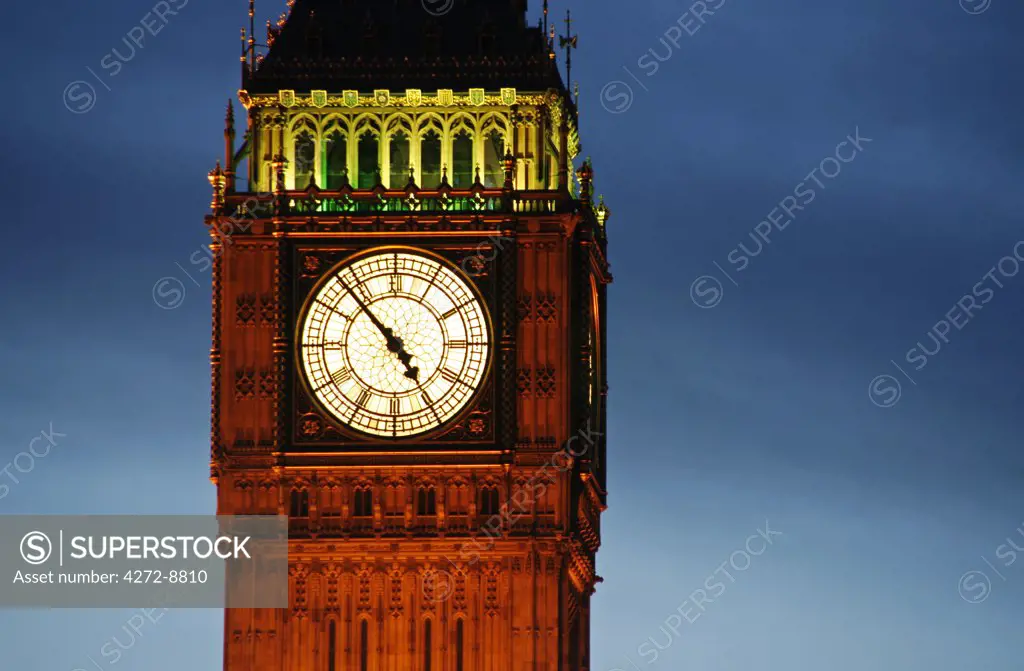 England, London, Westminster. Big Ben at the Houses of Parliament. The Clock Tower is the world's largest four-faced, chiming clock.