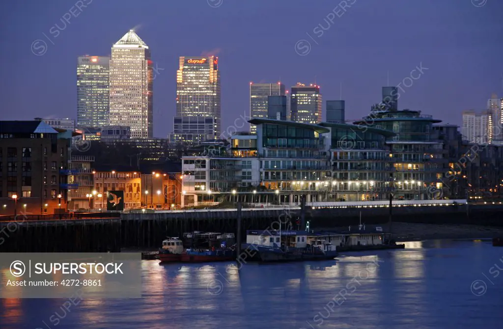 England, London. Canary Wharf as seen from Tower Bridge.