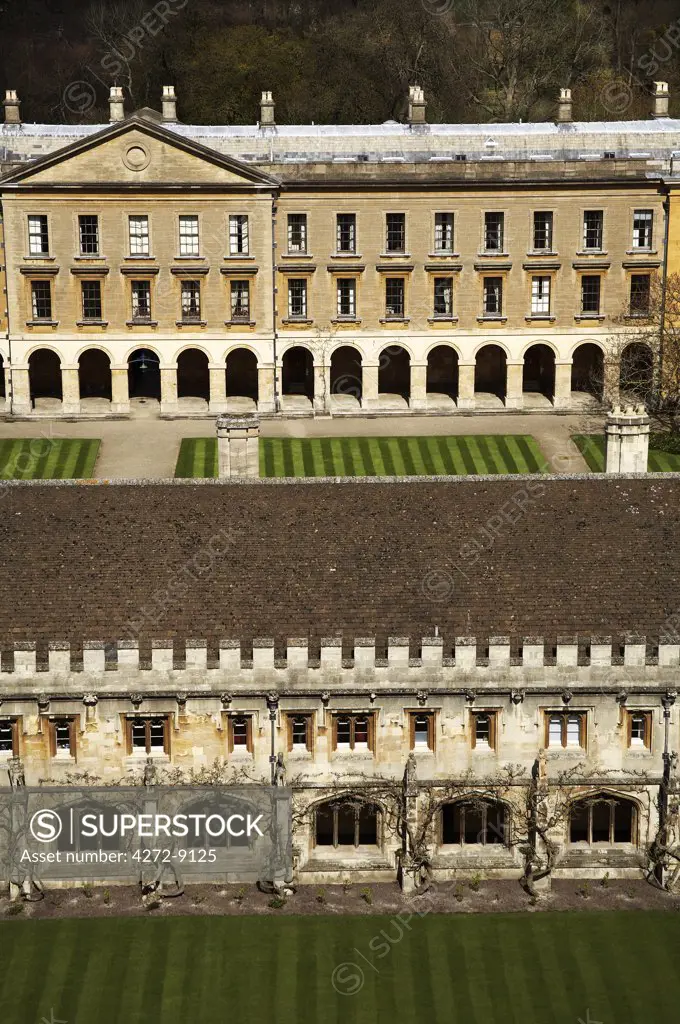 England, Oxfordshire, Oxford, Magdalen College. View of the New Building and Cloisters from the Magdalen Tower.