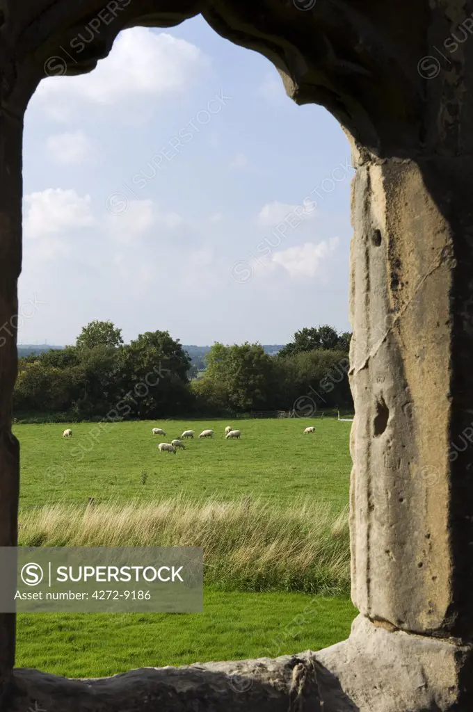 England, Shropshire, Shrewsbury. View out over the rustic Shropshire countryside from the ruins of  Haughmond Abbey, a 12th Century Augistinian abbey near Shrewbury.