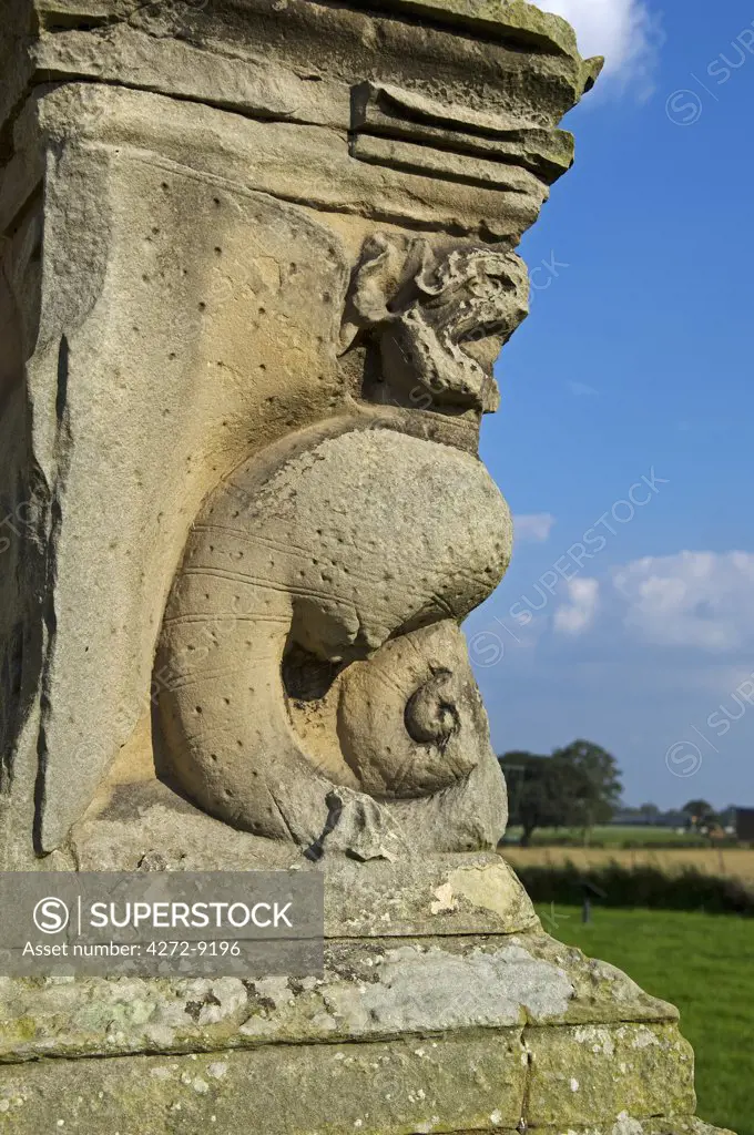 England, Shropshire.  Decorative griffon on the ruins of Moreton Corbett Castle, a medieval castle and Tudor manor house of the Corbet family.