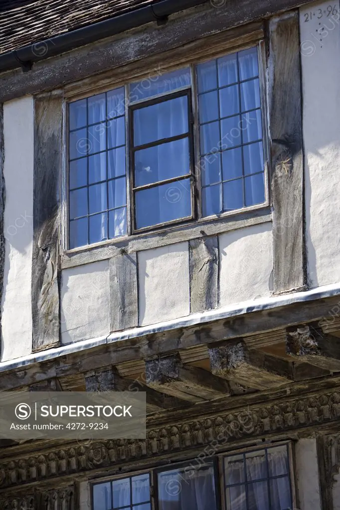 England, Shropshire, Bridgnorth. The timber framed Town Hall dominating the High Street this magnificent timber framed building was built in 1652 from a redundant tithe barn donated by a Lady Bertie from the town of Much Wenlock.