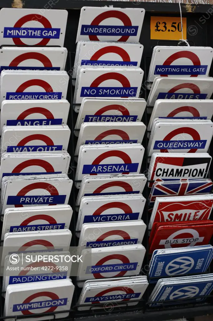 England, London. Tube Signs at Notting Hill Market in London