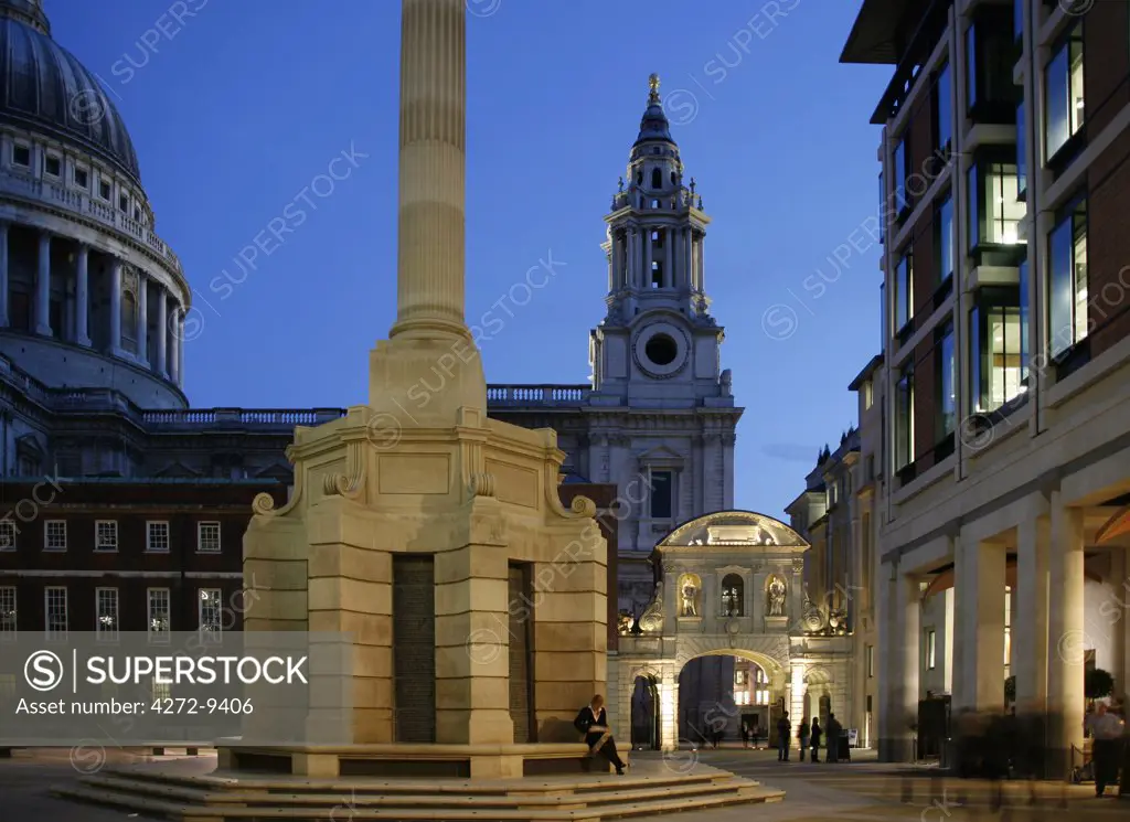 England, London. London St. Paul's Cathedral at dusk seen from Paternoster Square.