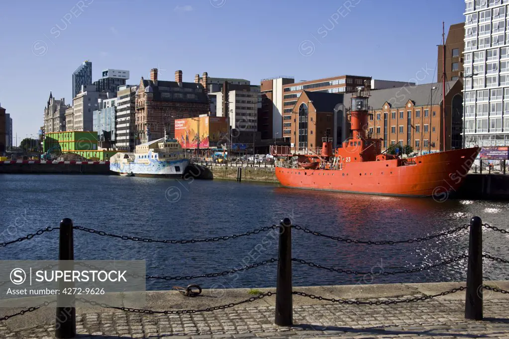 The red light ship at canning dock by Albert dock & the Liver building, Liverpool, England, UK