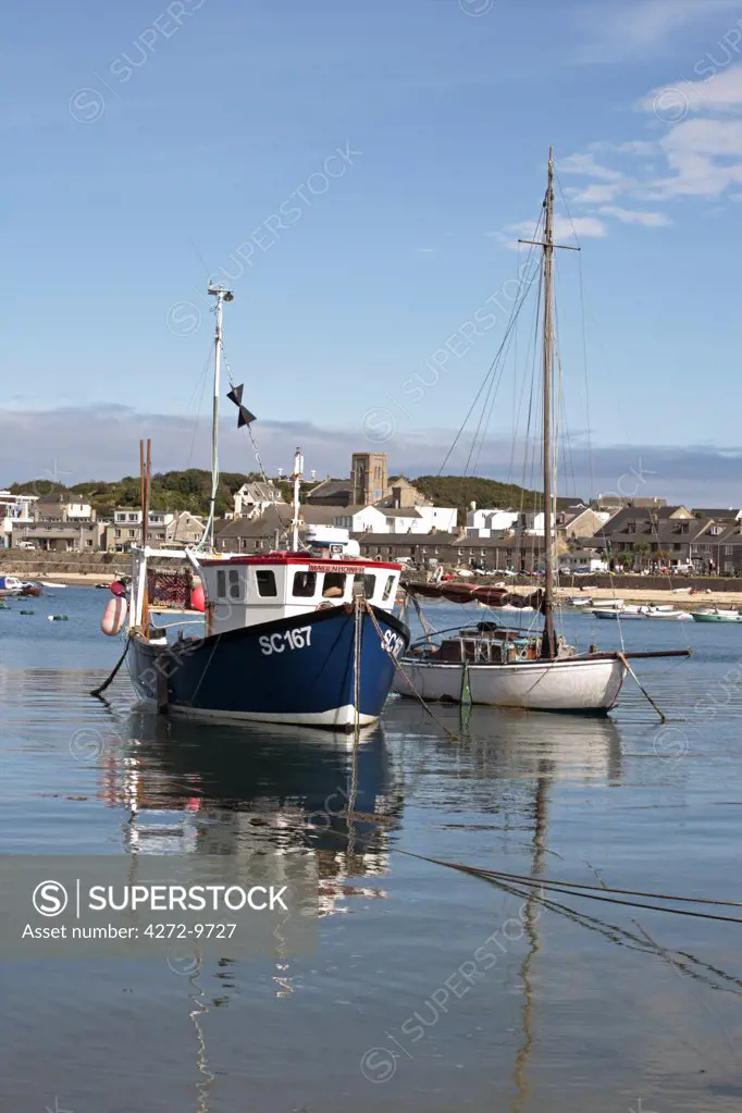 England, Isles of Scilly, St Mary's. Boats moored in the harbour at Hugh Town.
