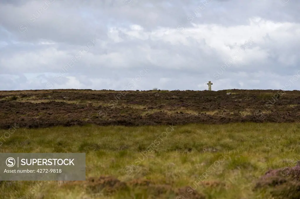UK; Yorkshire.  An ancient cross stands above the heather on Ilkley Moor.