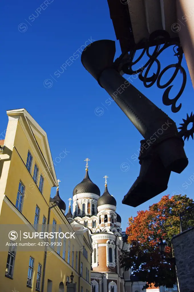 An Ornamental Steel Boot hangs infront of the 19th Century Russian Orthodox Alexander Nevsky Cathedral on Toompea Hill, Located in the Unesco World Heritage Old Town