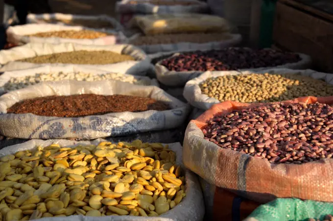 Mexico, Mexico City. Sacks of beans and pulses for sale at the Azcapotzalco market.