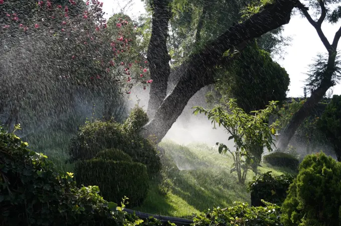 Mexico, Mexico City. Sprinklers watering gardens in Mexico City.