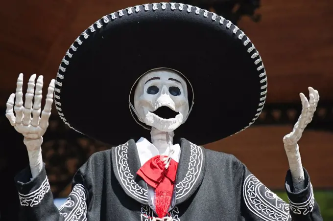North America, Mexico, Michoacan state, Morelia, Dia de Muertos, Day of the Dead skeleton decorations