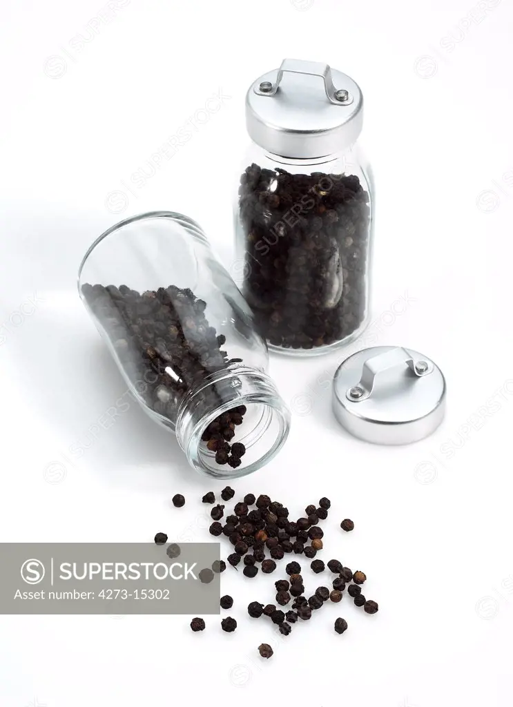Black Peppercorn, piper nigrum, Black Berries against White Background