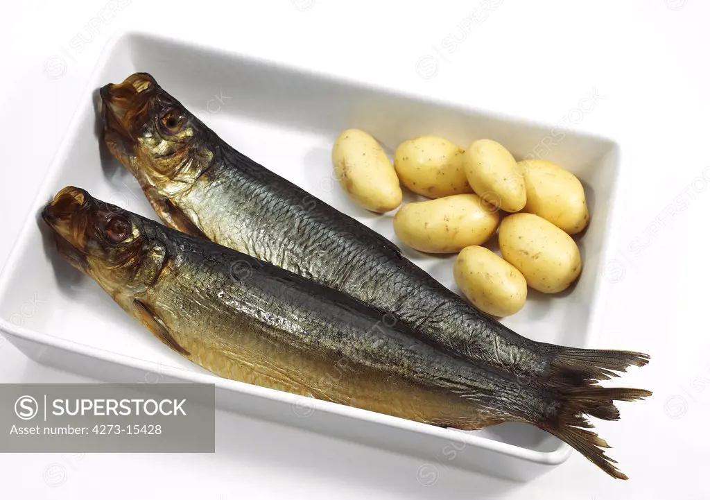 Smoked Herring or Bouffi Bloaster, clupea harengus, Smoked Fishes with Potatoes