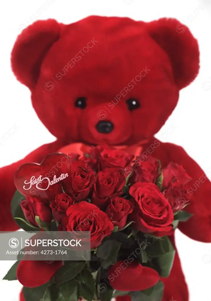 Red Roses And Teddy Bear For Saint Valentine'S Day