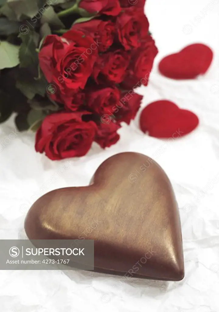 Chocolate Heart For Saint Valentine'S Day With A Red Rose