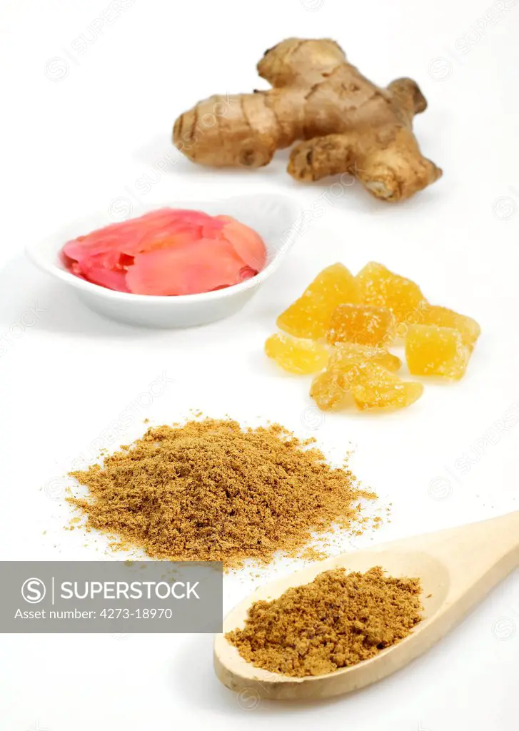 Ginger, zingiber officinale, Powder, Root, Marinated and Crystallised against White background
