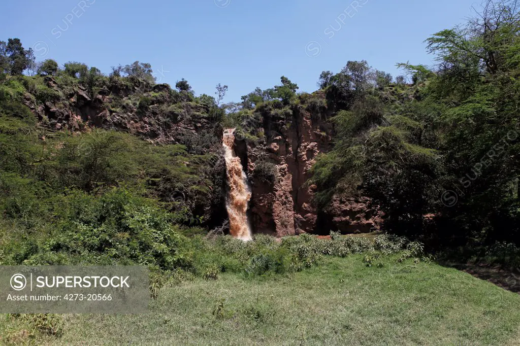 View of Waterfall, River draining into lake, Makalia Waterfall, Lake Nakuru N.P., Great Rift Valley, Kenya