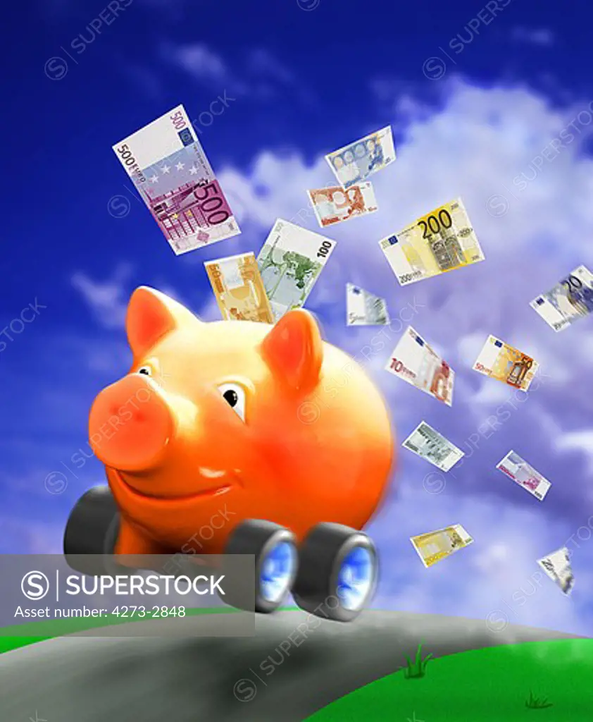 Pig Money Box With Flying Euros Symbolizing Wasting