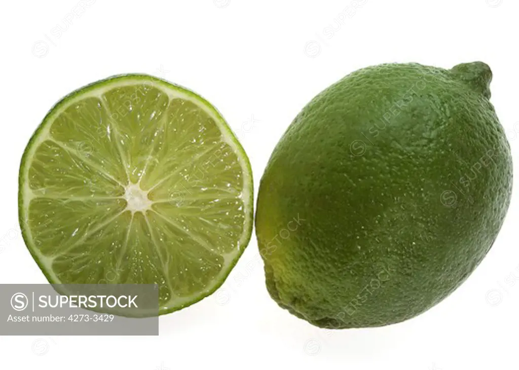 Green Lemon Citrus Aurantifolia Against White Background