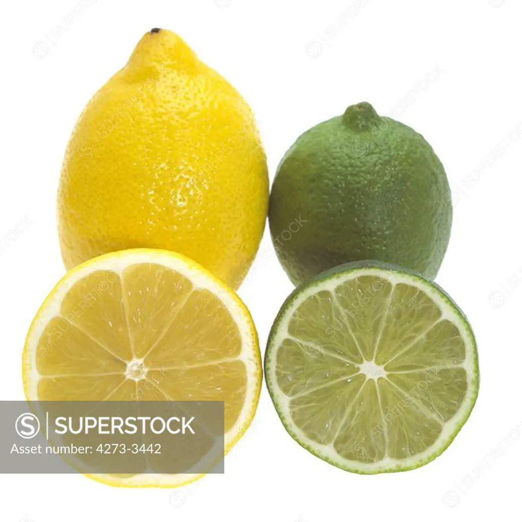 Yellow Lemon Citrus Limonum And Green Lemon Citrus Aurantifolia Against White Background