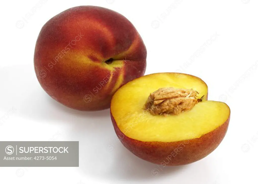 Apricot Peach, Persica Vulgaris, Fruits Against White Background