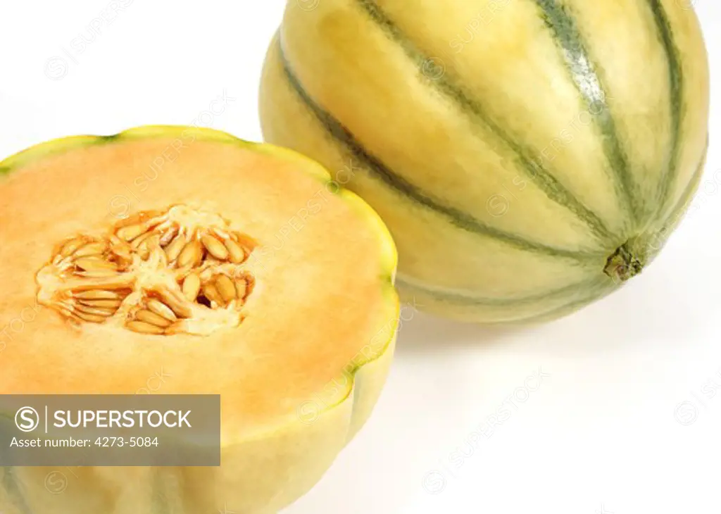 Cavaillon Melon, Cucumis Melo, Fruits Against White Background