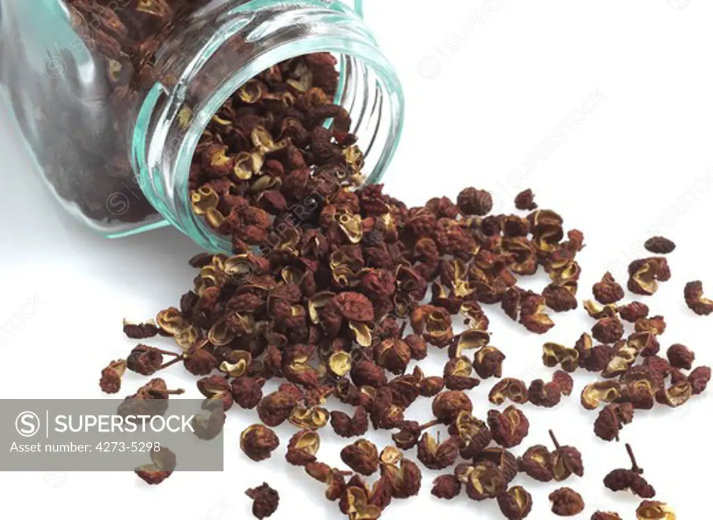 Szechuan Or Sichuan Pepper, Zanthoxylum Simulans, Asiatic Spice Against White Background