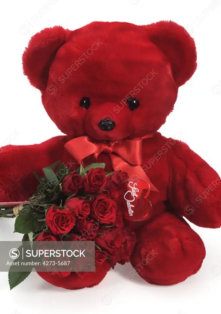 Red Teddy Bear And Roses For Saint Valentine'S Day