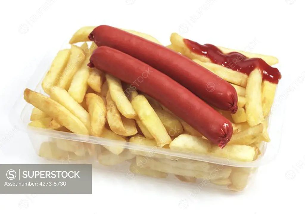Sausage And French Fries Against White Background