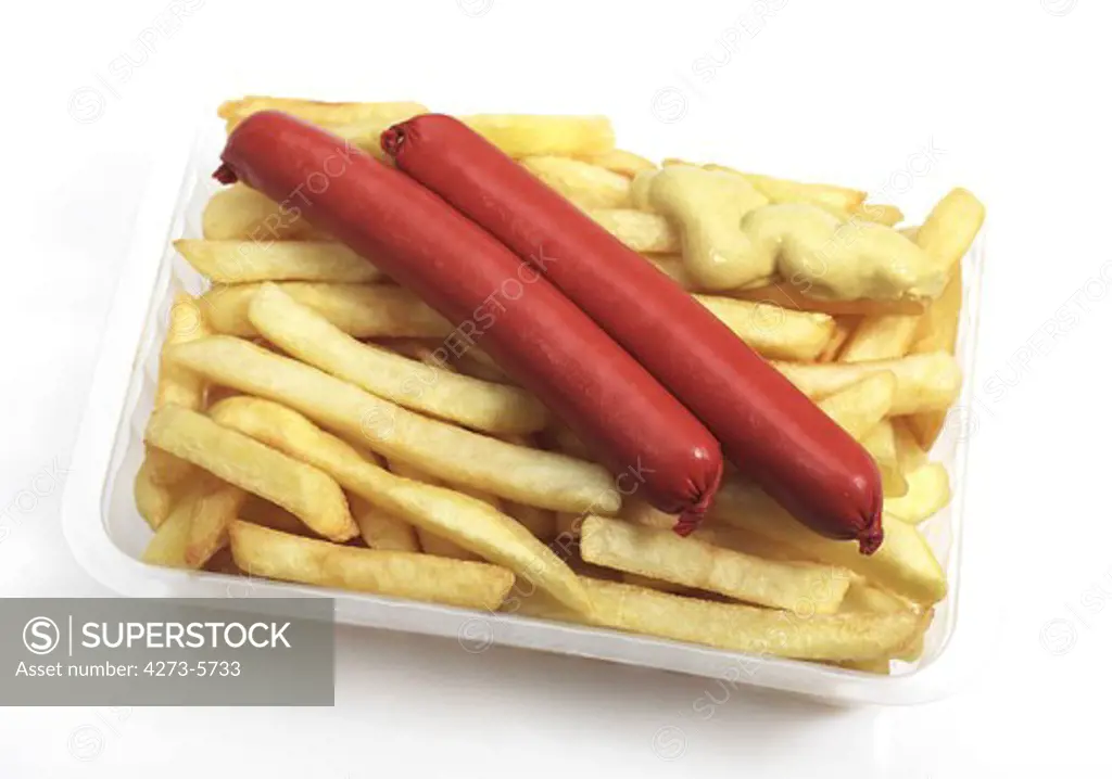 French Fries With Sausage And Mustard Against White Background