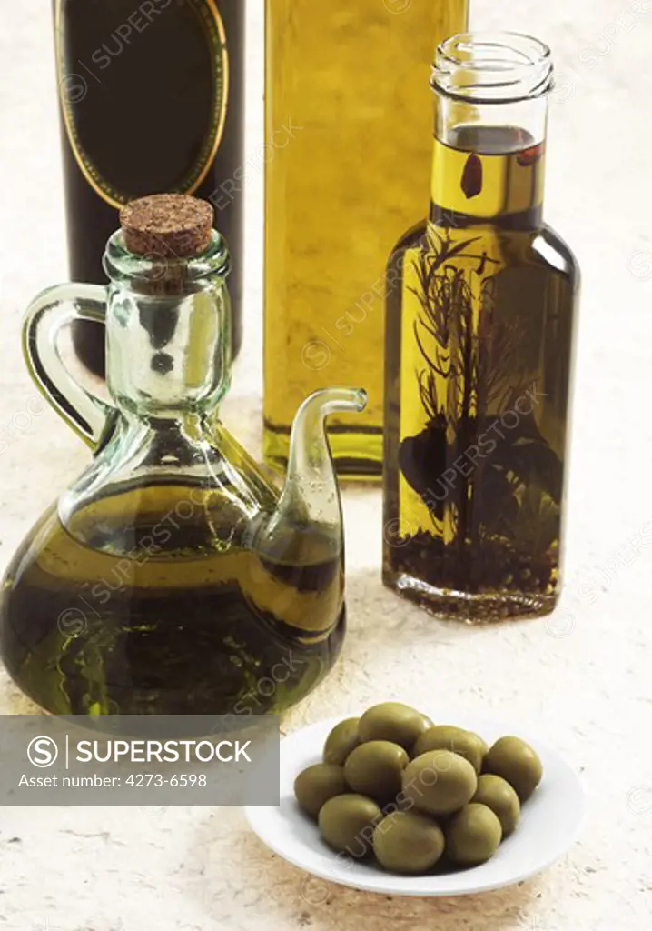 Olive, Olea Europaea, With Olive Oil Bottle