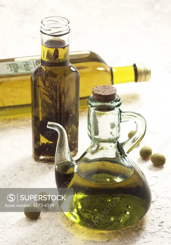 Olive, Olea Europaea, With Olive Oil Bottle