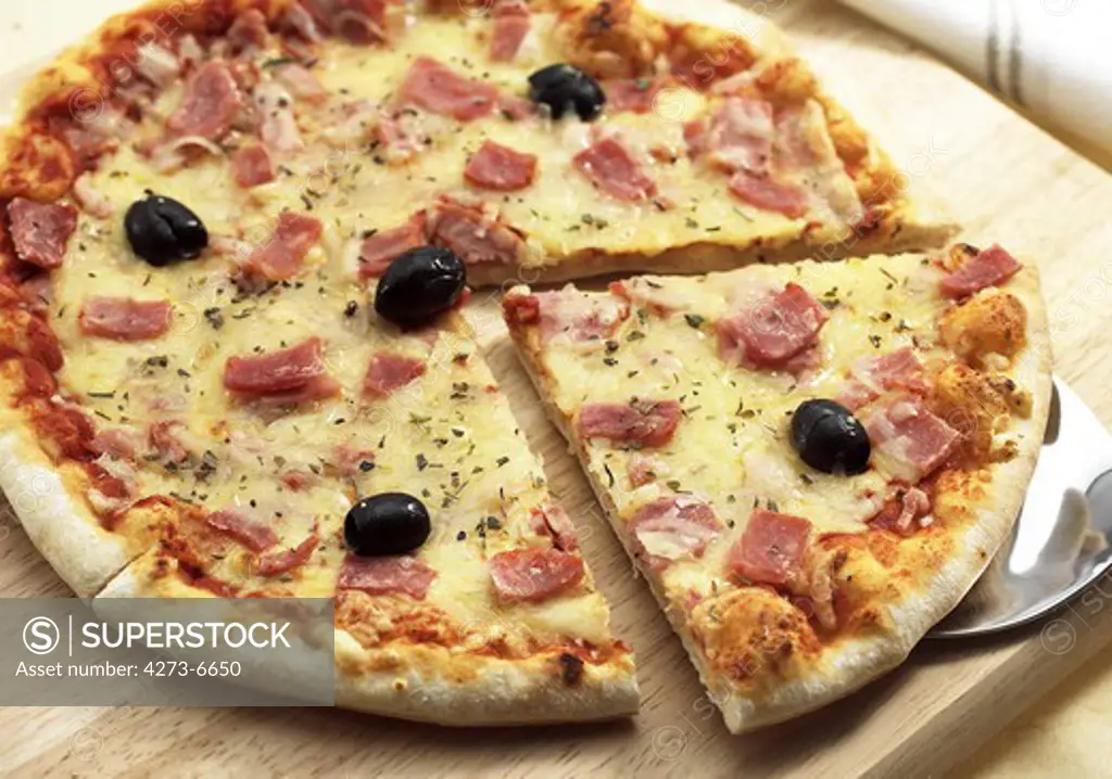Pizza With Tomato, Cheese, Ham And Olives