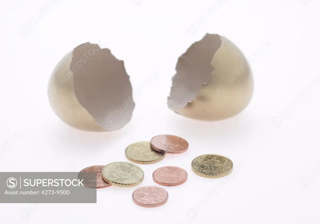 Chicken Egg With Coins, Symbolic Image For Gold Egg With Hen