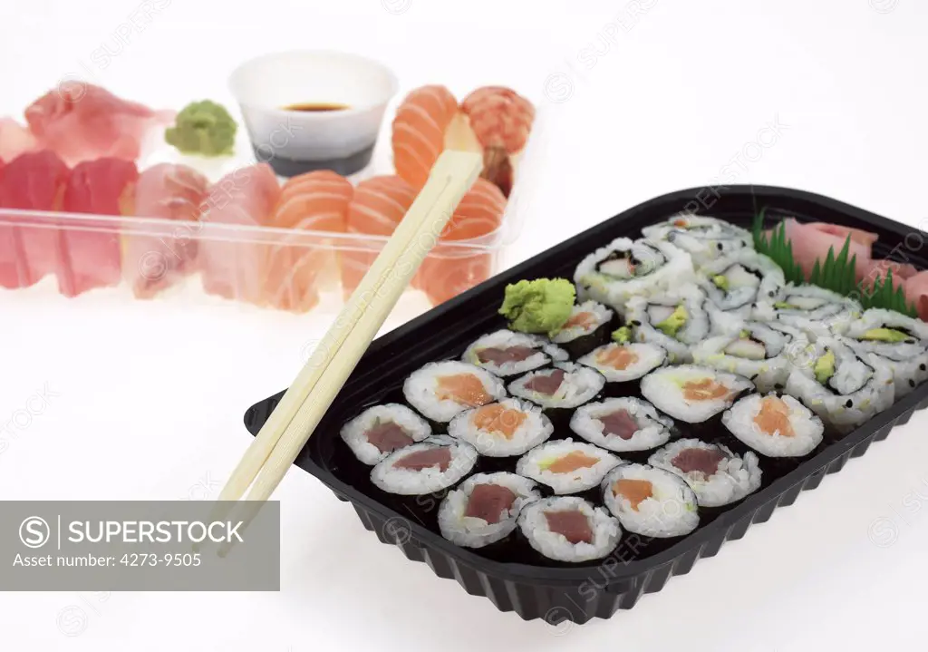 Sushi, California Roll And Maki, Japanese Food Against White Background
