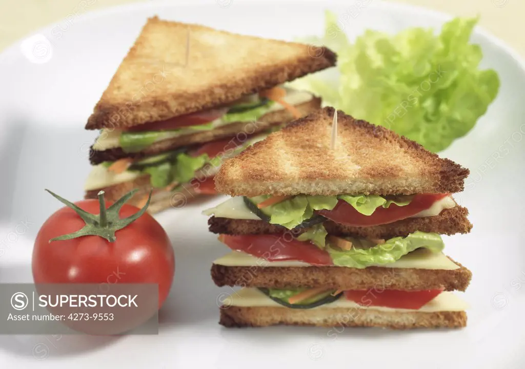 Fast Food, Club Sandwich With Salad And Tomato