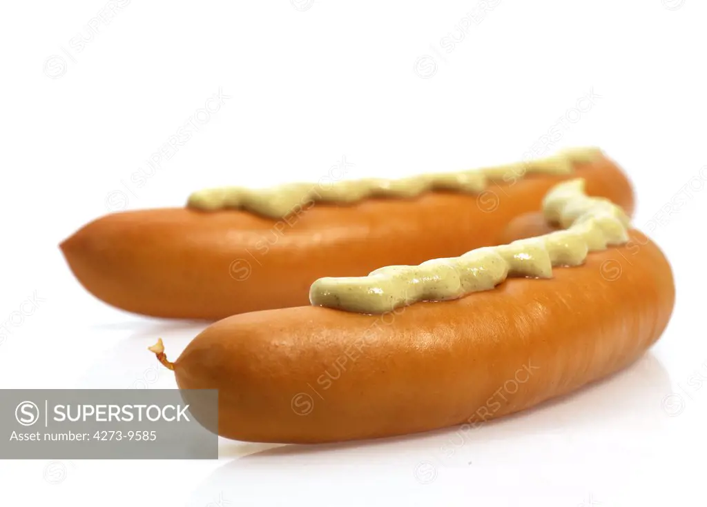 Strasbourg Sausages With Mustard Against White Background
