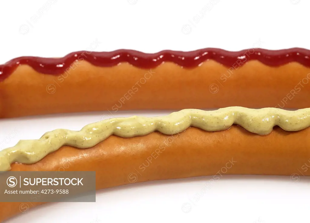 Strasbourg Sausages With Mustard And Ketchup Against White Background