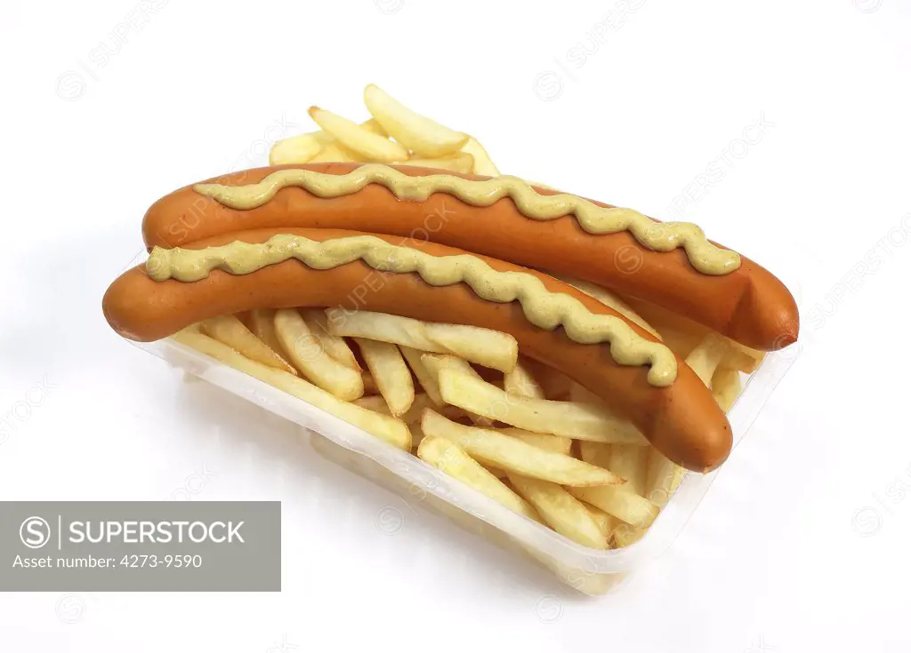 Strasburg Sausages With Mustard And French Fries Against White Background